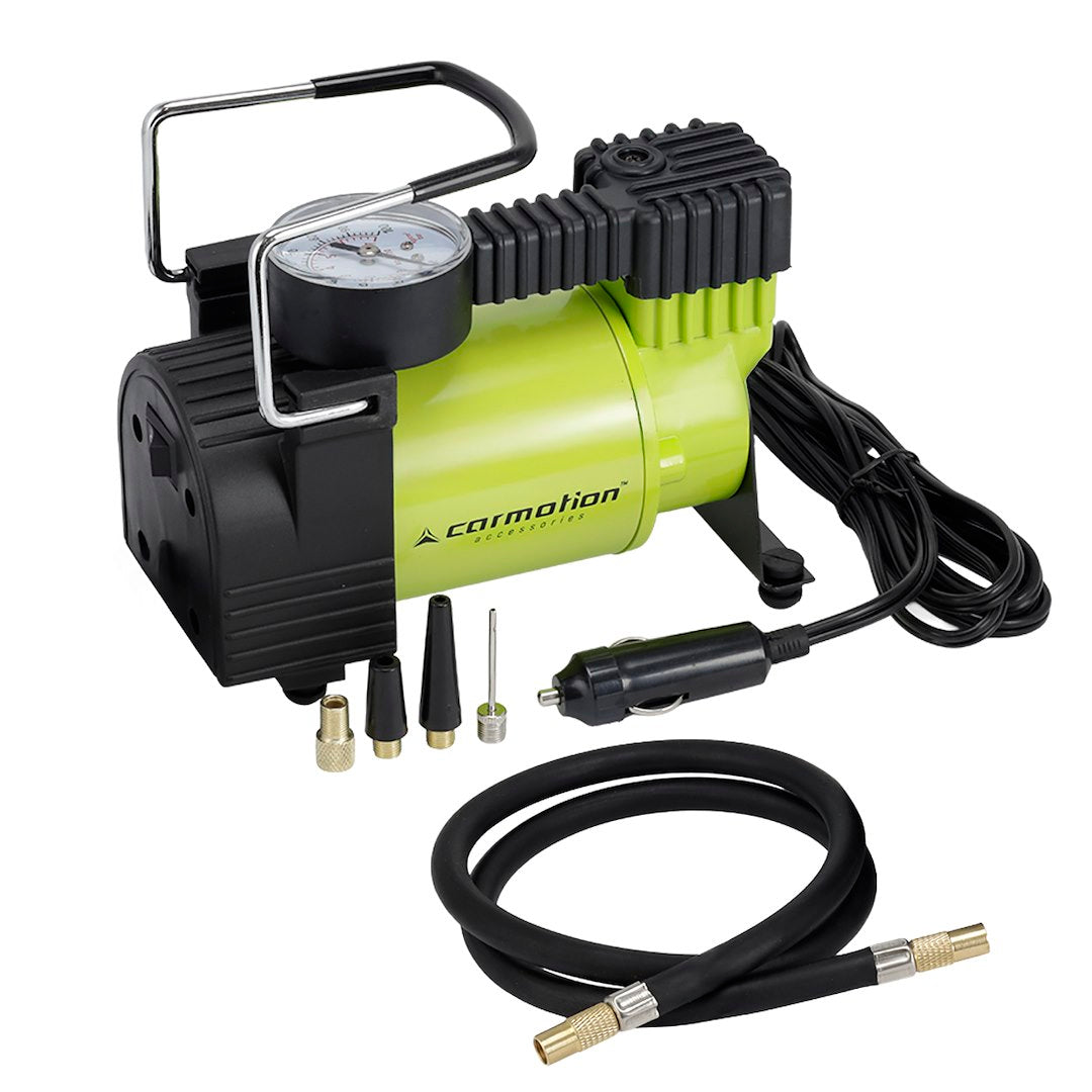 Dugattyús légkompresszor 12V, 11 BAR, 35L / perc, analóg nyomásmérő, 4 adapterrel