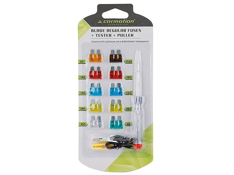 UNI pengés biztosítékok, 10 db + feszültségmérő 6-24V + klipsz