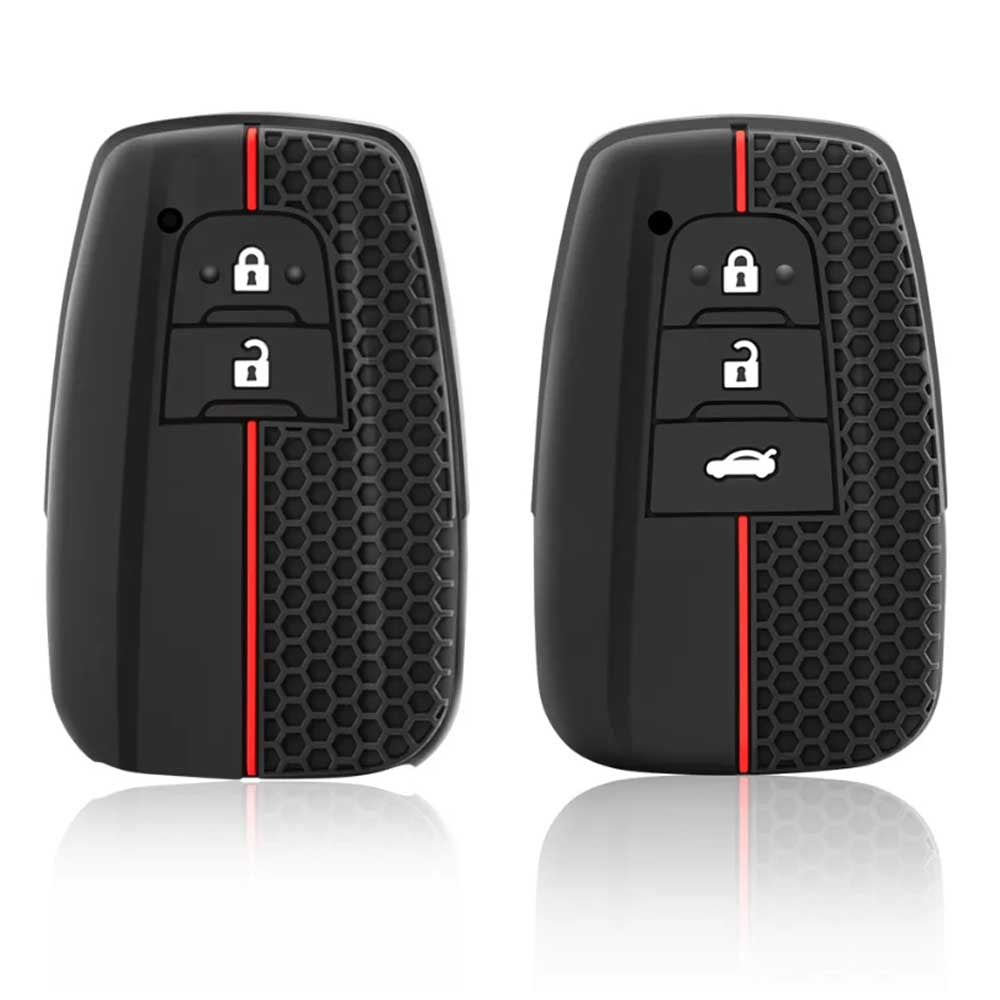 Fekete színű, 2 és 3 gombos Toyota szilikon tokok piros színű csíkkal.