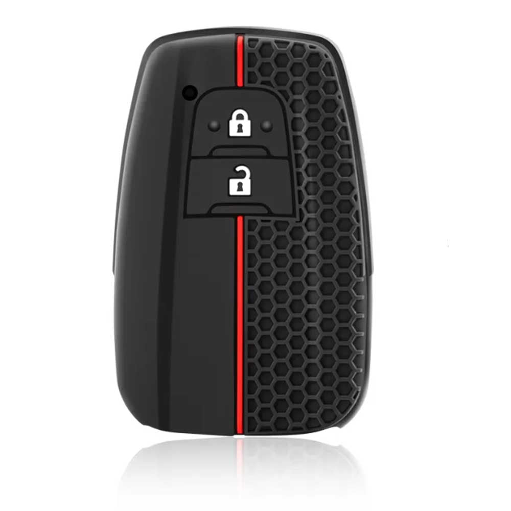 Fekete színű, 2 gombos Toyota szilikon tok piros színű csíkkal.