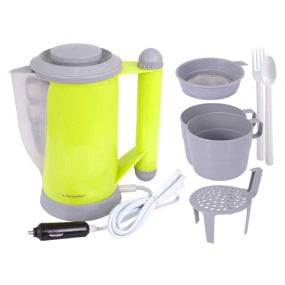 Autós vízforraló evőeszközzel, 2 bögrével, tányérral és szűrővel