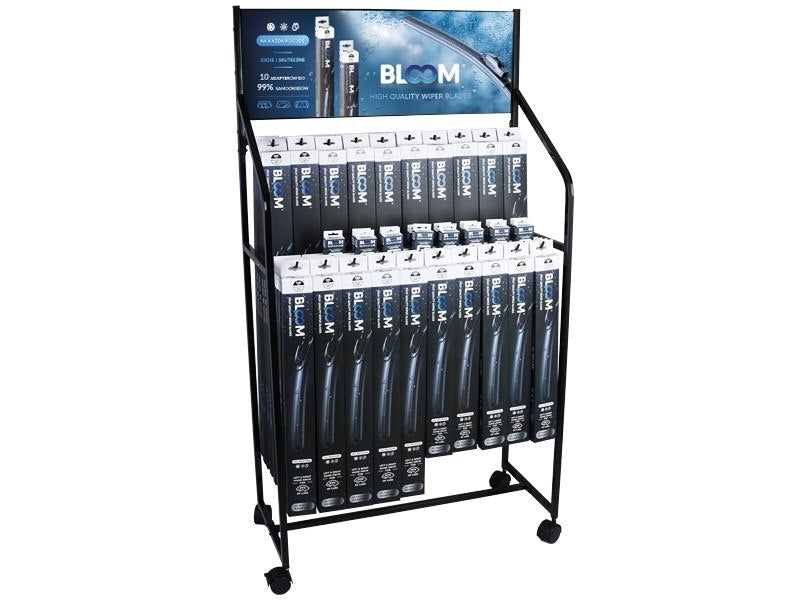 Lapos ablaktörlő lapátok készlete BLOOM U Multifit 10 adapterrel, 90 db + új adapterek + kerekekkel ellátott álló display