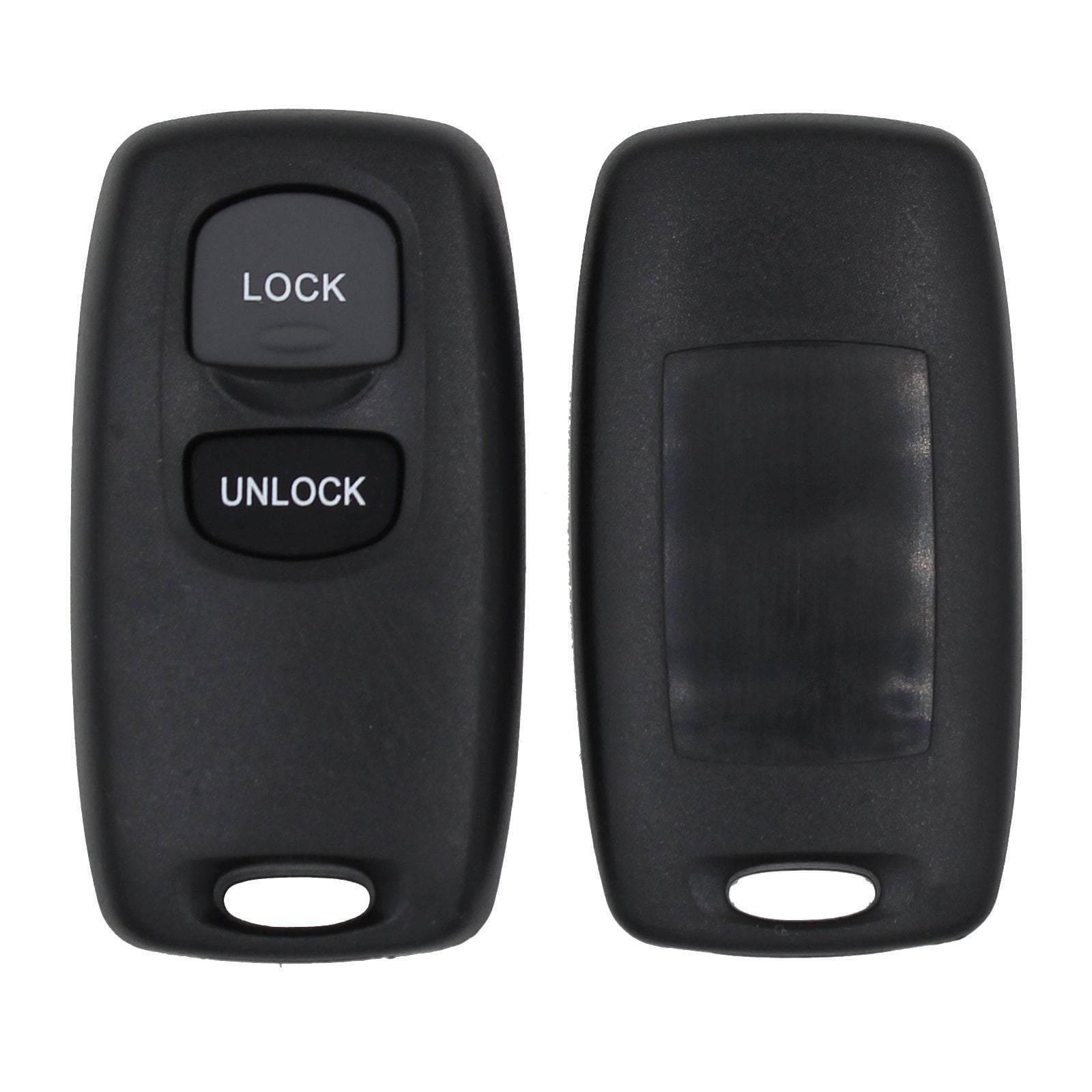 Fekete színű, 2 gombos Mazda kulcsház, kulcs eleje és hátulja.