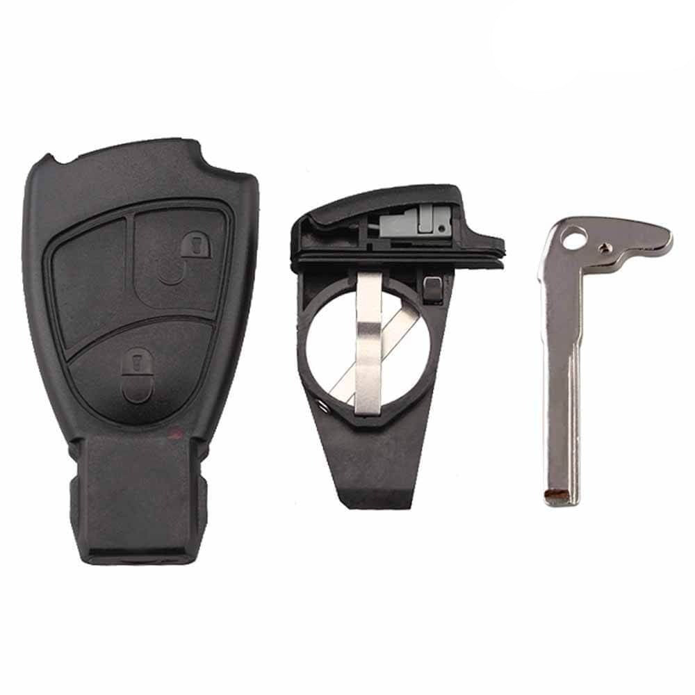 Fekete színű, 2 gombos Mercedes kulcsház, kulcs elemtartóval, nyers kulcsszárral.