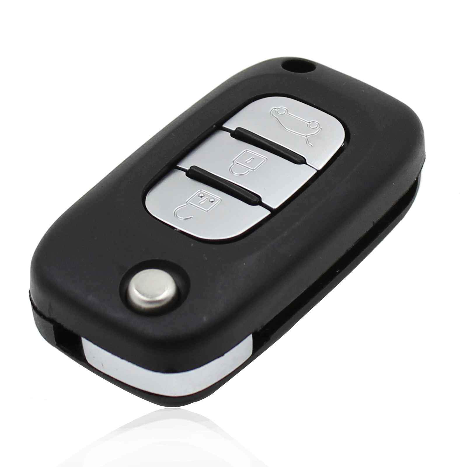 Fekete színű, 3 gombos Renault kulcsház, bicskakulcs ezüst színű gombokkal.