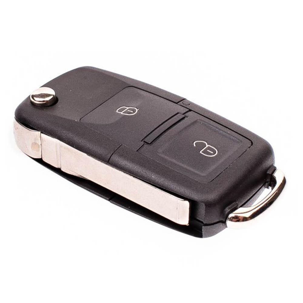 Fekete színű, 2 gombos Skoda bicskakulcs, kulcsház. Fehér mintás gombokkal.