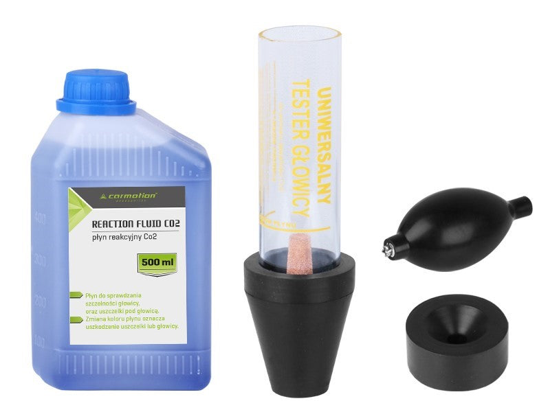 CO2 fejtömítés szivárgásvizsgáló + 500ml reakciófolyadék + szivattyú a gáz elszívásához a hűtőrendszerből + cső a tömítettség méréséhez