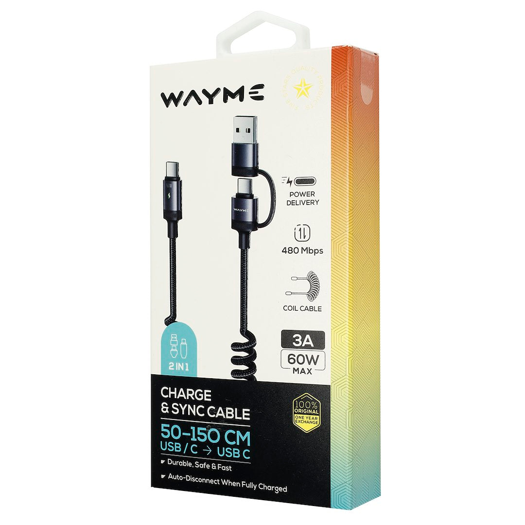 WAYME Mikroszálas fonott töltő  és szinkronizáló kábel spirál 50   150 cm USBC > USB C max 60W – kép 4
