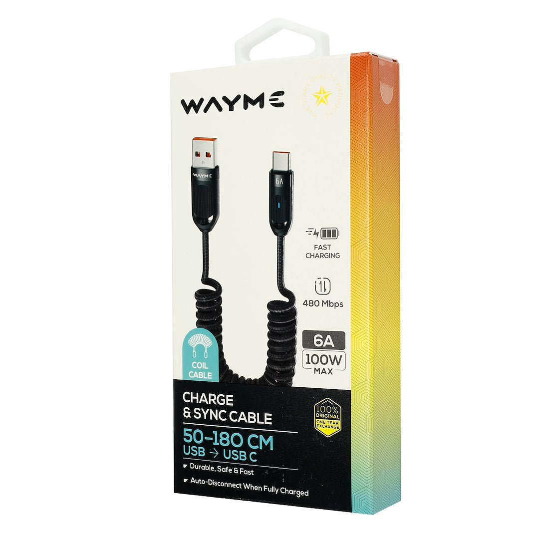 WAYME Mikroszálas fonott töltő és szinkronizáló kábel spirál 50   180 cm USB > USB C Max 100W fekete – kép 3