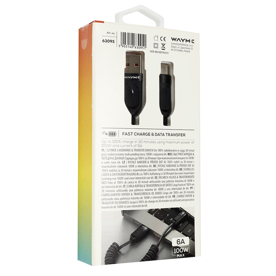 WAYME Mikroszálas fonott töltő és szinkronizáló kábel spirál 50   180 cm USB > USB C Max 100W fekete – kép 4