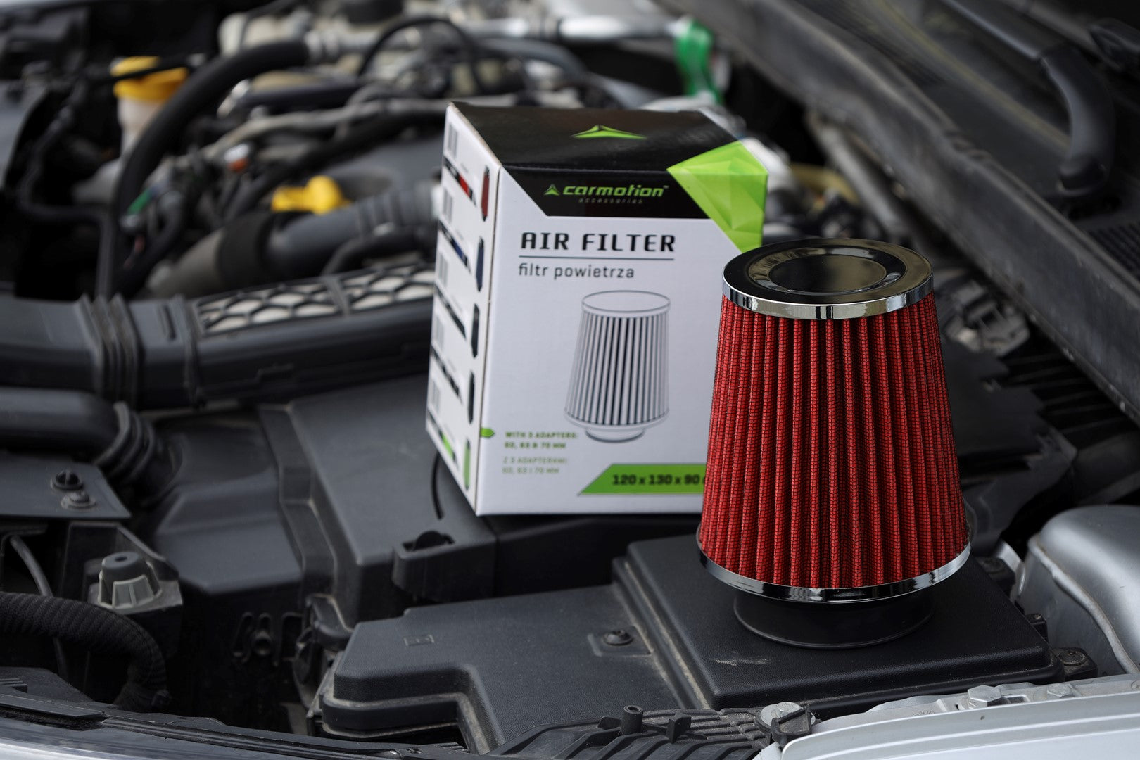 Légszűrő kúpos 120x130x90 mm piros  króm adapterek: 60 63 70 mm – kép 3