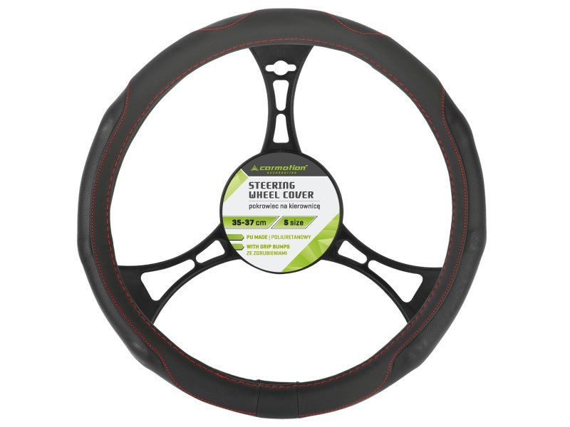 Kormányvédő PU 35 37 cm S perforált markolat fekete  piros szálakkal – kép 2
