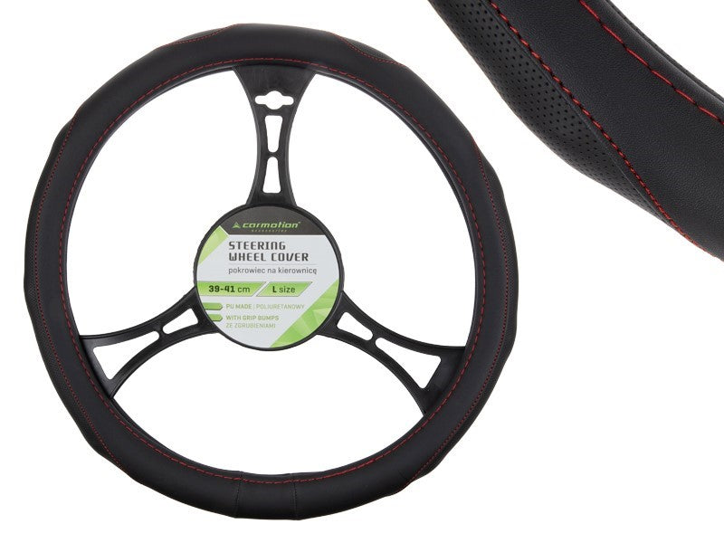 Kormányvédő PU 39-41 cm "L", perforált markolatok, fekete + piros szálakkal