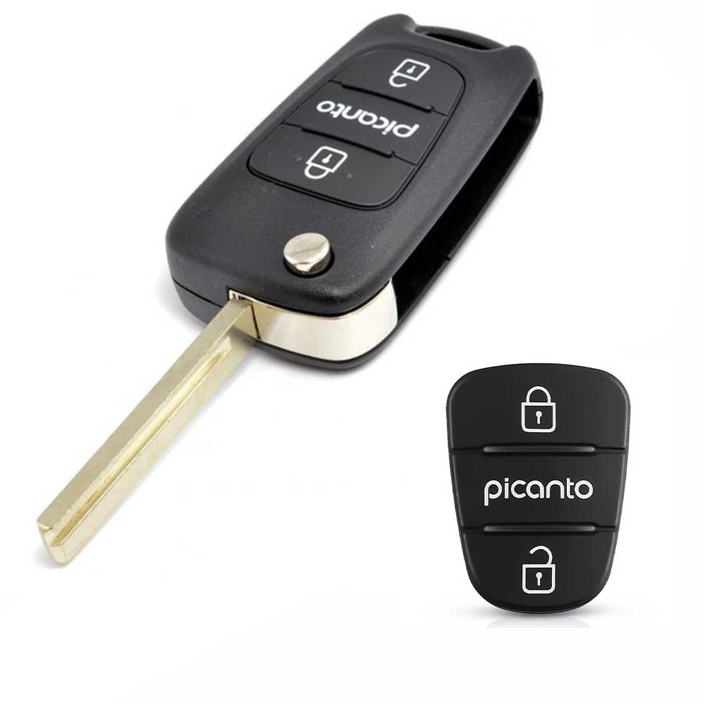 Fekete színű, 3 gombos Kia Picanto gombsor és kulcs. Fehér mintával.