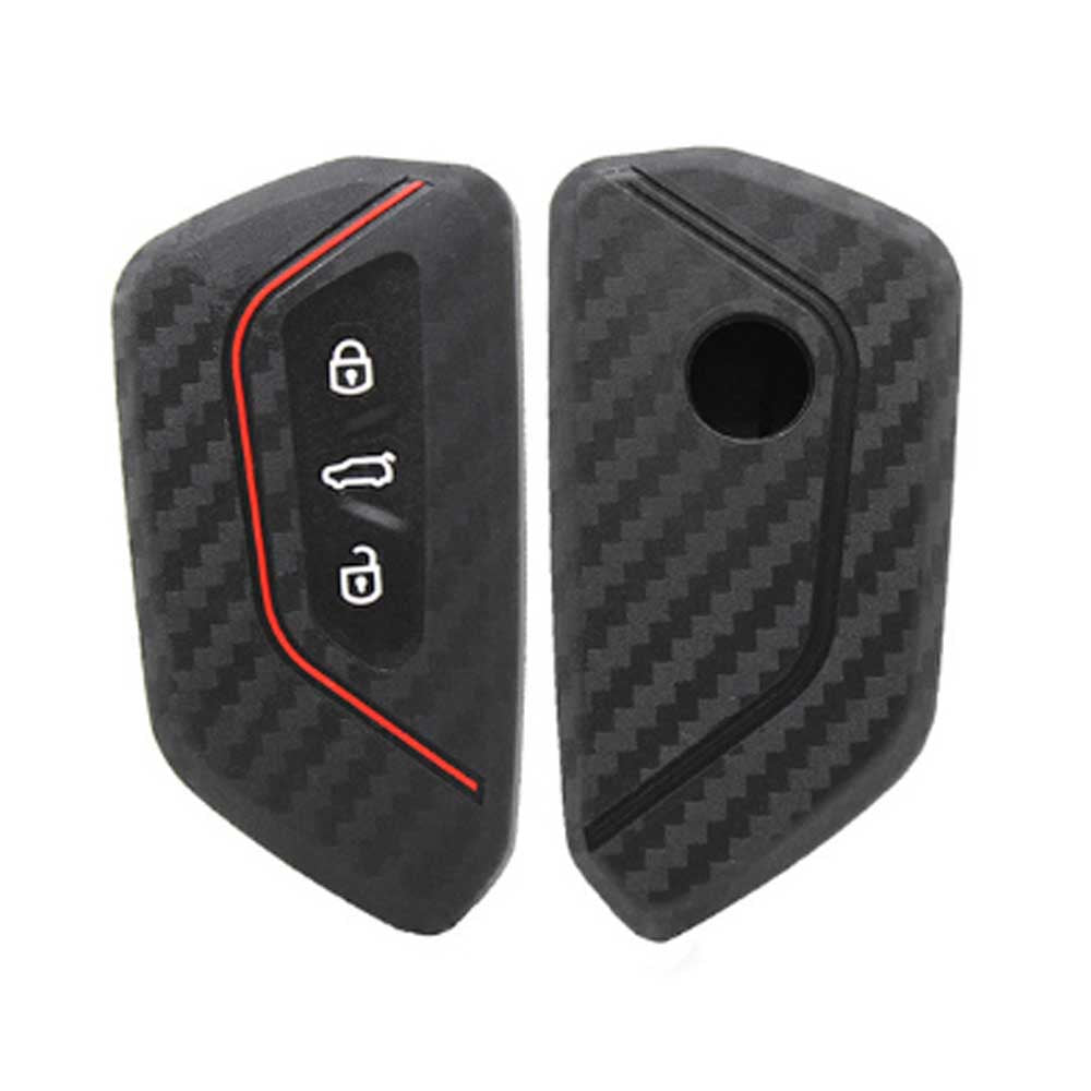 Carbon mintás, 3 gombos Skoda kulcs szilikon tok piros díszcsíkkal.