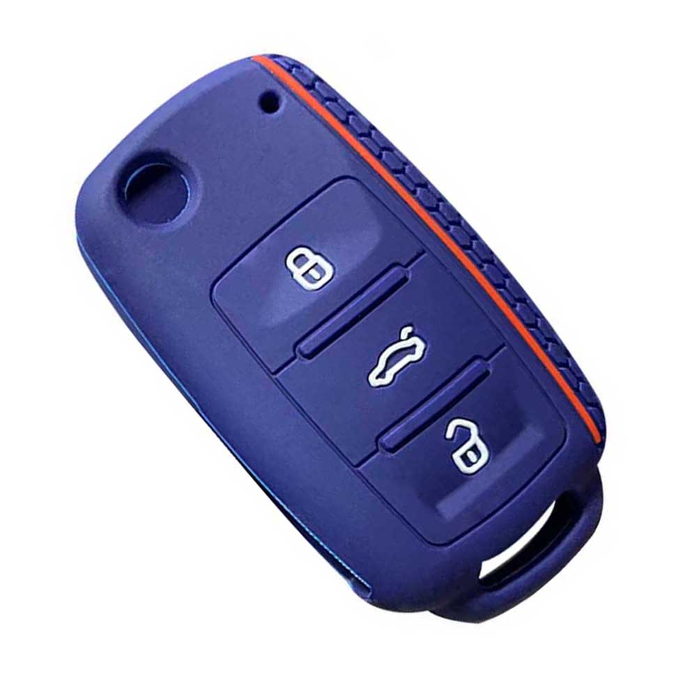 Sötétkék színű, 3 gombos VW kulcs, bicskakulcs szilikon tok