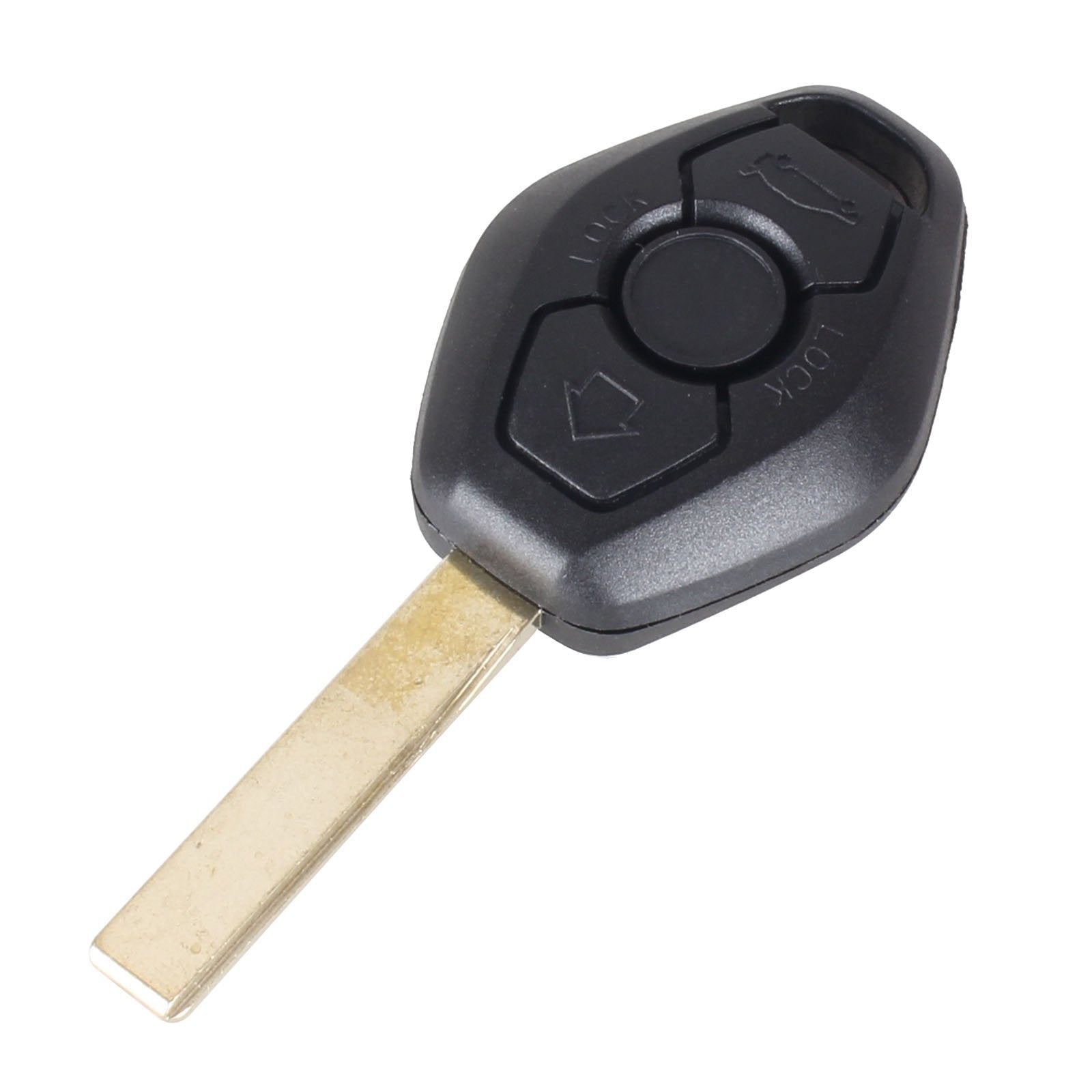 Fekete színű, 3 gombos BMW kulcs, kulcsház nyers kulcsszárral.