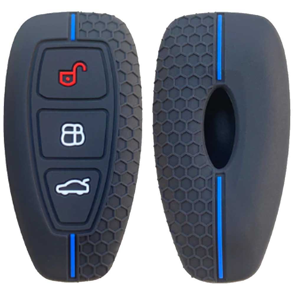 Ford 3 gombos szilikon tok fekete színben, kék díszcsíkkal.